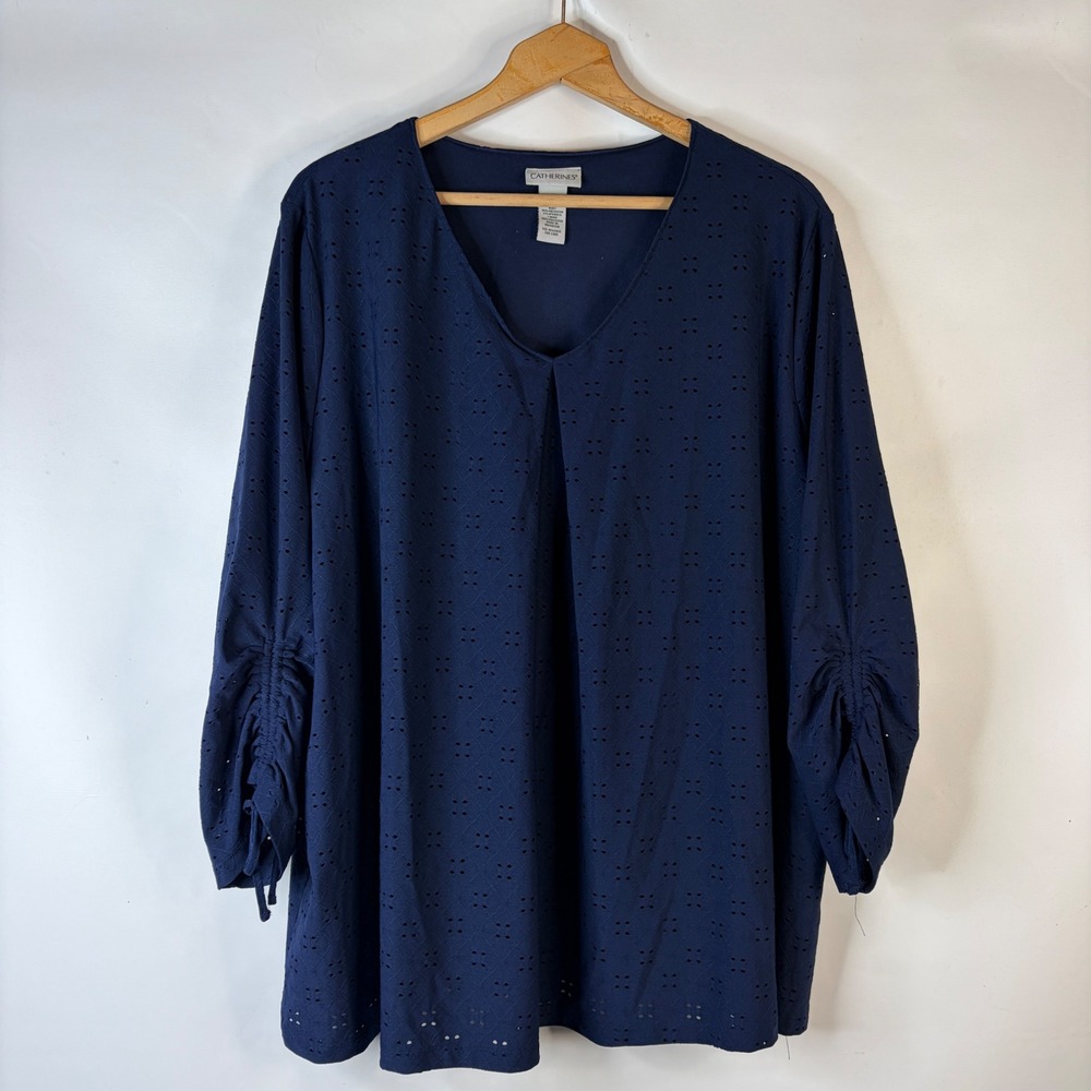 Catherines Tunic Top Women 3X Navy Blue Eyelet Ruched Sleeve V-Neck